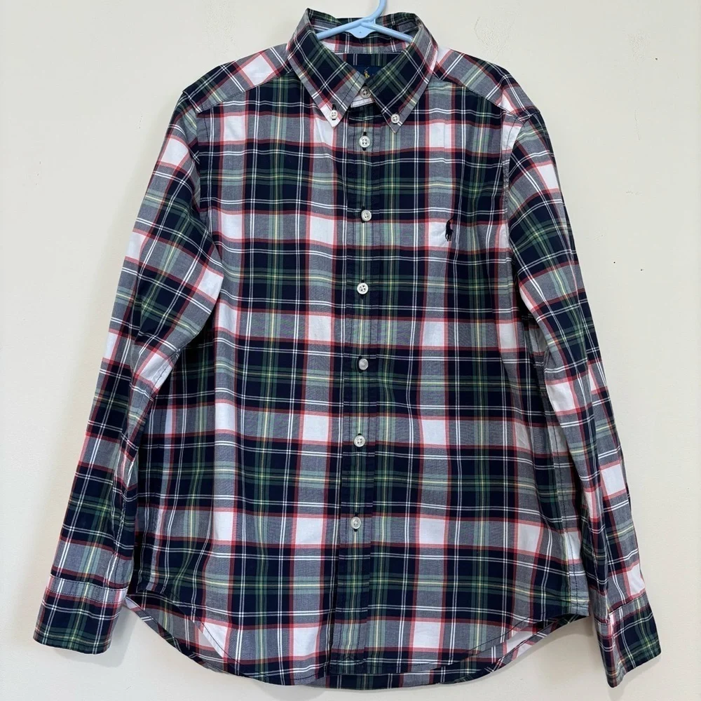 Ralph Lauren Boys Navy White Plaid Long Sleeve Button Down Classic Shirt M